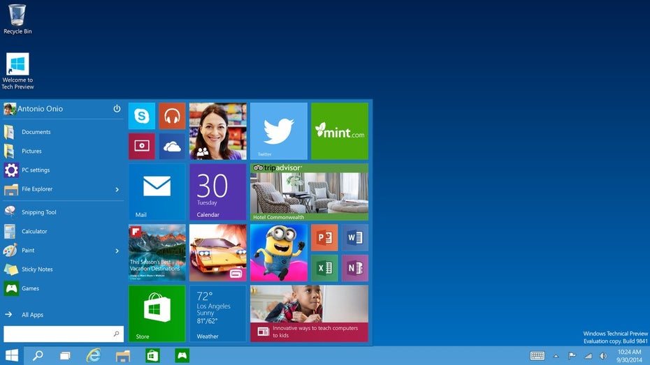 Windows 10: Microsoft bringt das Startmenü zurück und kombiniert es mit den Kacheln der Modern-UI-Oberfläche. (Screenshot: Microsoft)