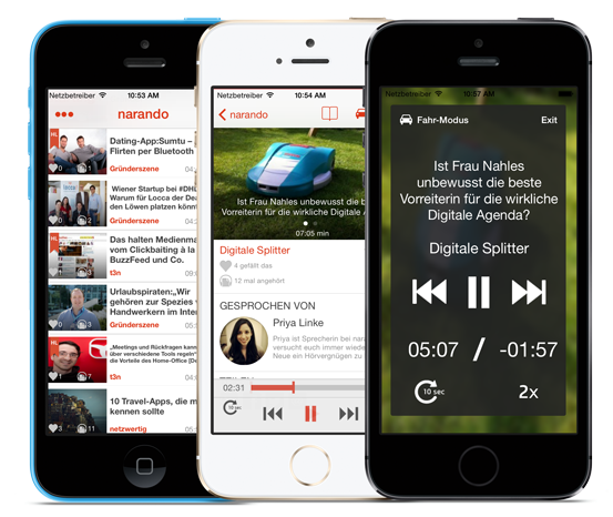 Die Narando-App bündelt alle Artikel, die du hören möchtest. Der Fahr-Modus vereinfacht die Bedienung im Auto.