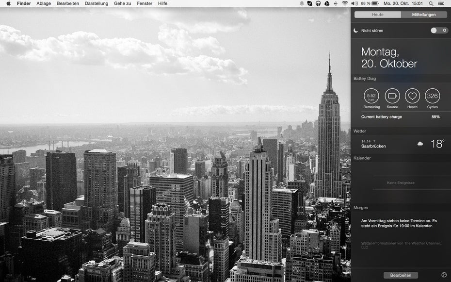 Battery Diag: Dank dem kostenlosen Yosemite-Widget habt ihr alle Infos zum Akku direkt im Blick. (Screenshot: Yosemite / Battery Diag)