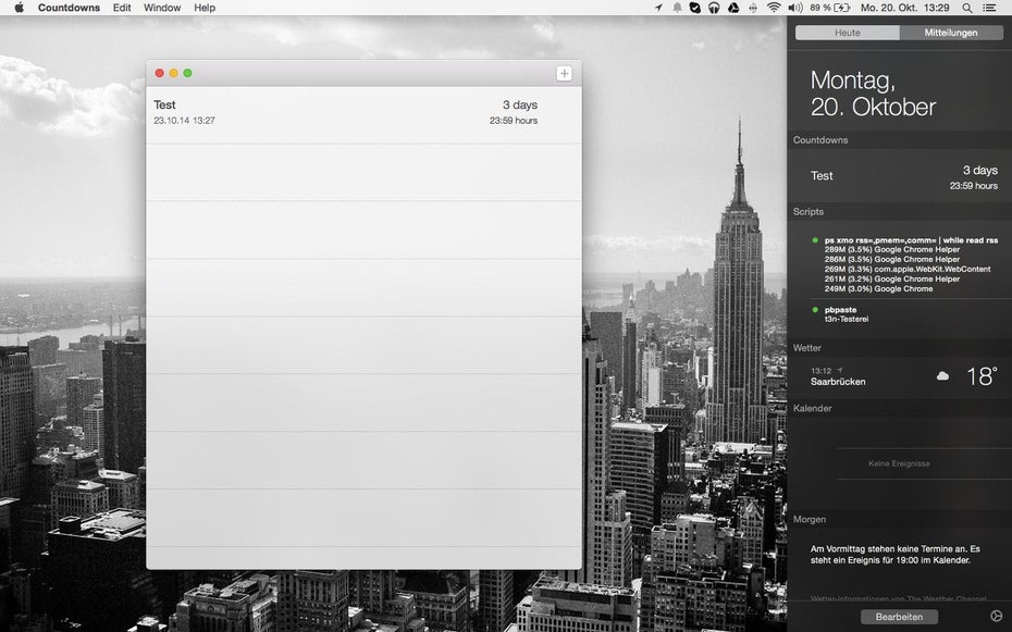 OS X Yosemite: Die Countdowns-App bietet ein Widget für die Mitteilungszentrale. (Screenshot: Yosemite / Countdowns)