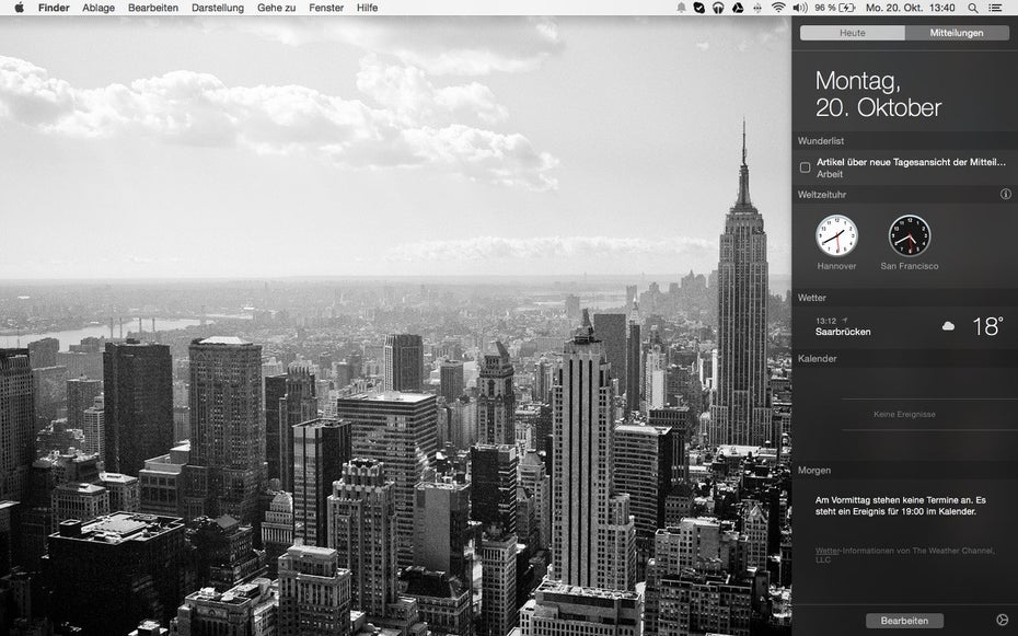 OS X Yosemite: Auch Wunderlist bietet ein eigenes Widget für die Mitteilungszentrale an. (Screenshot: Yosemite / Wunderlist)