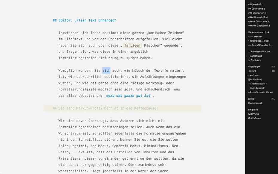 Ulysses III: Der Tastaturkürzel könnt ihr euch jederzeit die Markdown-Hilfe anzeigen lassen. (Screenshot: Ulysses III)