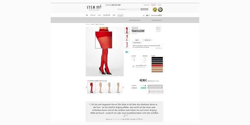 Der Online-Shop von ITEM m6 verkauft hochwertige Legwear-Produkte. Interessante Features wie z.B. Stoff-Finder und Kundenzitate informieren Besucherinnen über das Produkt. (© Screenshot: item-m6.de)