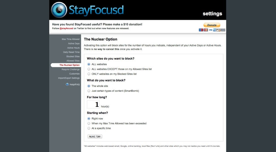 Mit der „Nuclear Option“ können Nutzer bei StayFocusd weitreichende Blocker setzen. (Screenshot: StayFocusd)