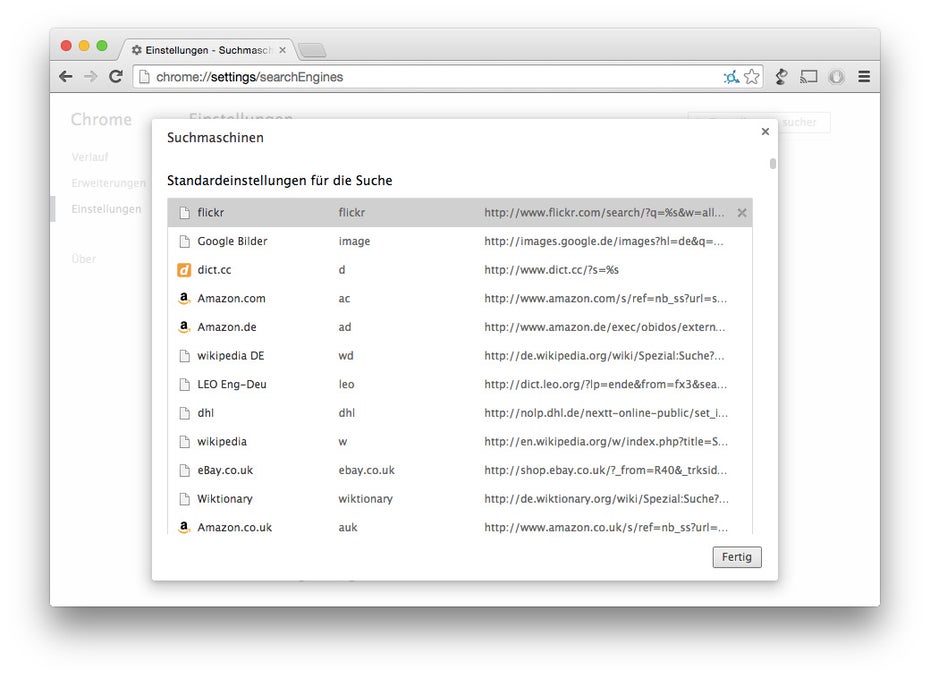 Chrome: In den Einstellungen könnt ihr eure gespeicherten Suchen anpassen. (Screenshot: Chrome)