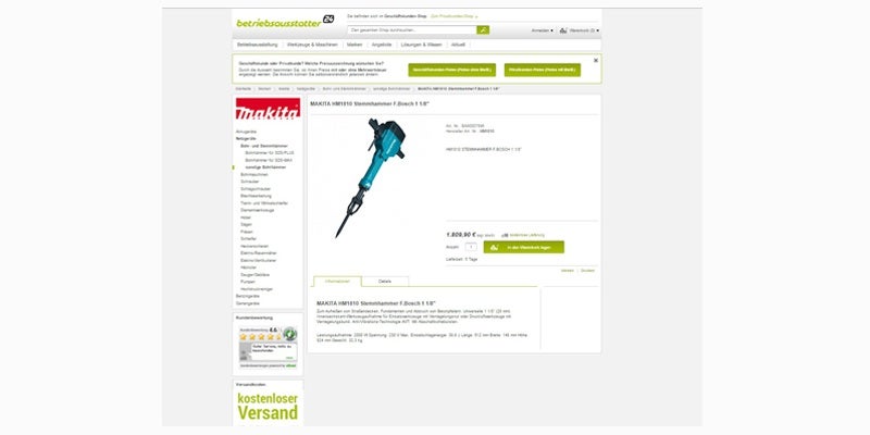 Großzügige Produktpräsentationen und technische Details stehen beim Werkzeugshop betriebsaustatter24 im Fokus. (Screenshot: betriebsausstatter24.de)