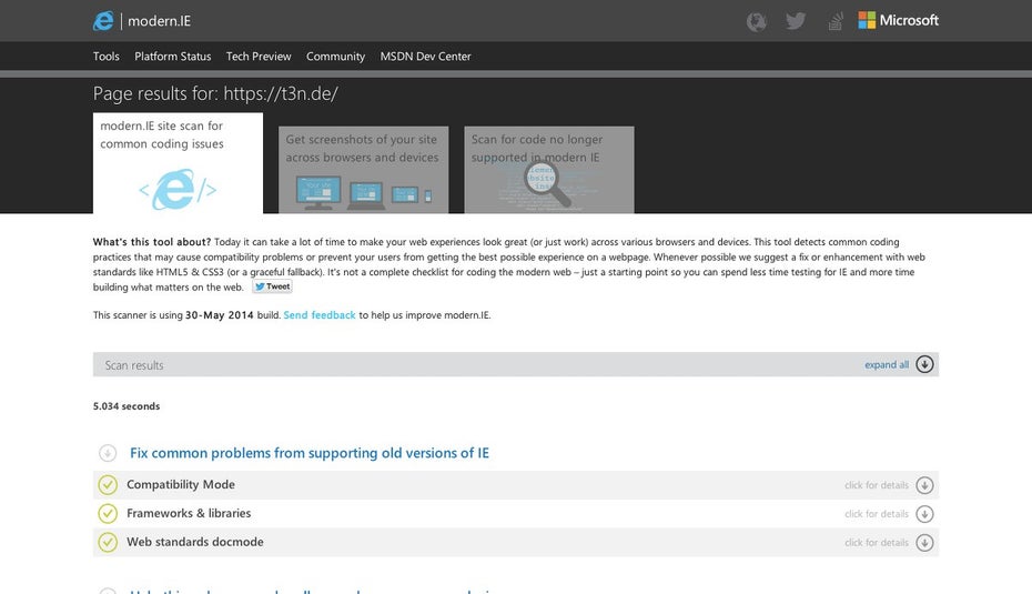 Auch Microsoft bietet praktische Tools zum Testen eurer Website an. (Screenshot: modern.IE)