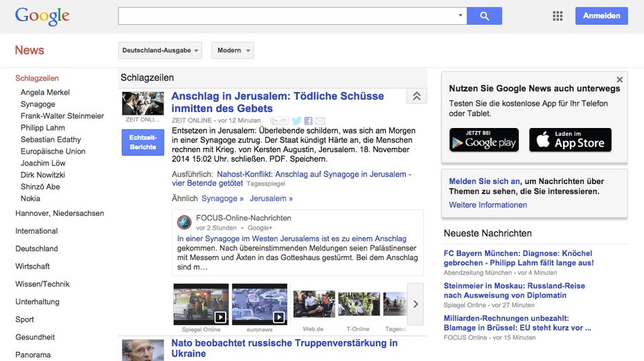 Der wahrscheinlich größe Aggregator für Nachrichten: Google News. (Screenshot: google.com)