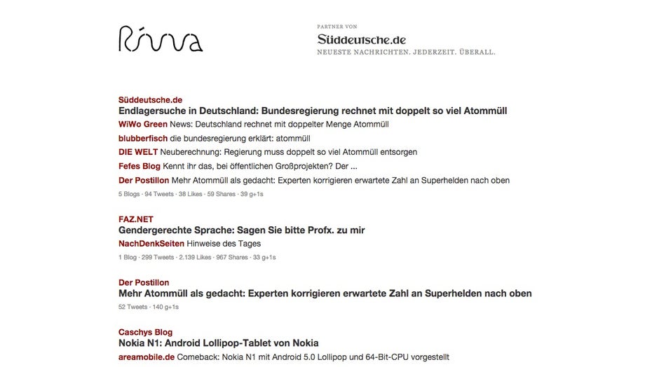 Das deutsche Vorzeigebeispiel für News-Aggregatoren Rivva. (Screenshot: rivva.de)