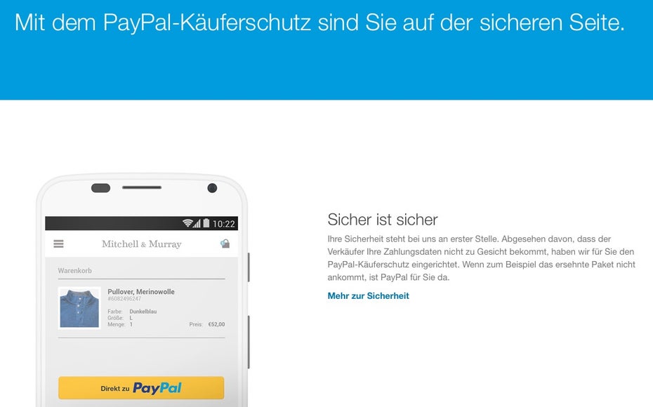 Der PayPal Käuferschutz soll Kunden mehr Sicherheit beim Onlineshopping geben und Onlinehändlern so zu mehr Umsatz verhelfen. (Screenshot: PayPal)