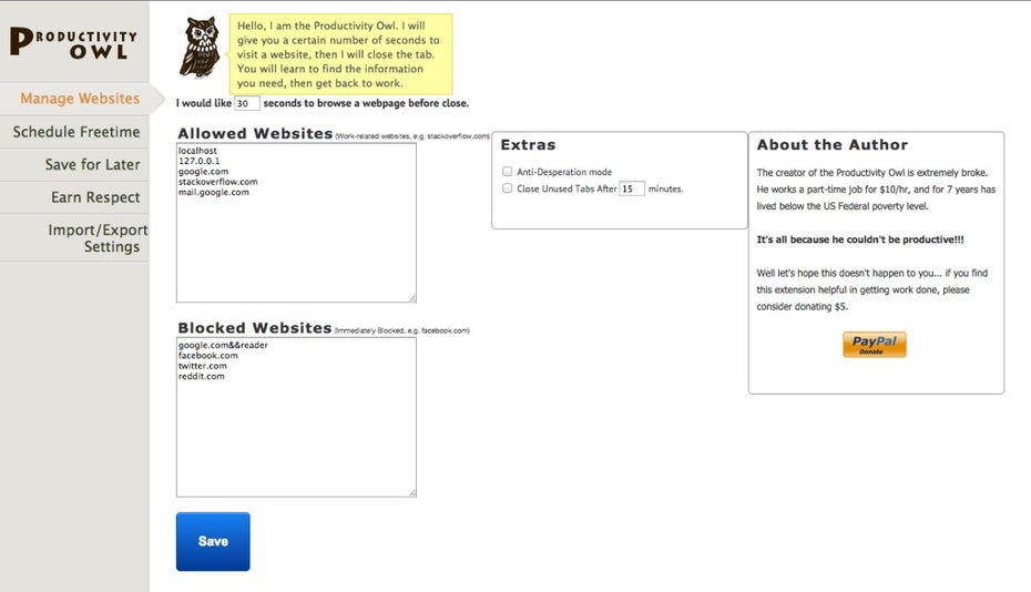 Die Produktivitäts-Eule schließt Webseiten, auf denen ihr zu lange verweilt, ohne vorher zu fragen. (Screenshot: Productivity Owl)