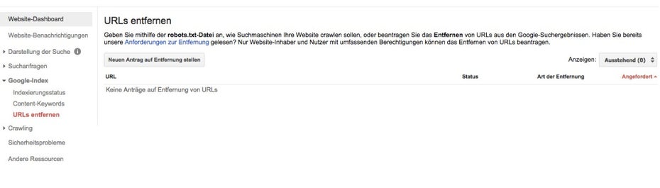 SEO: Ungewollt indexierte Testseiten könnt ihr über Googles Webmaster-Tools entfernen. (Screenshot: Google)