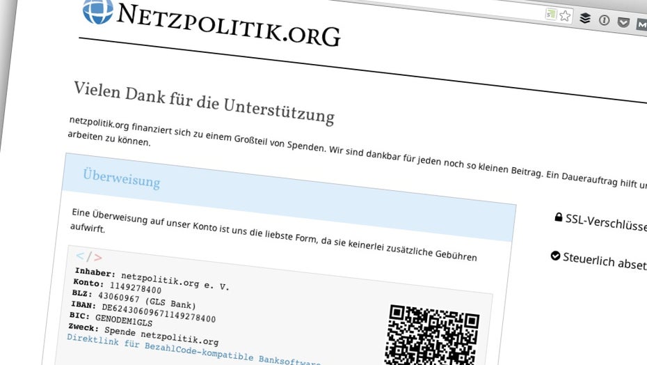 Unter anderem durch Spenden finanziert: Netzpolitik.org. (Screenshot: netzpolitik.org)