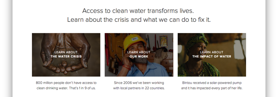 Thumbnails der Seite charity:water. (Screenshot: charity:water)