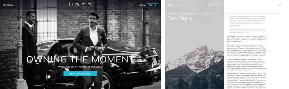 Edle Graustufen bei Uber und Squarespace. (Screenshots: Uber und Squarespace)