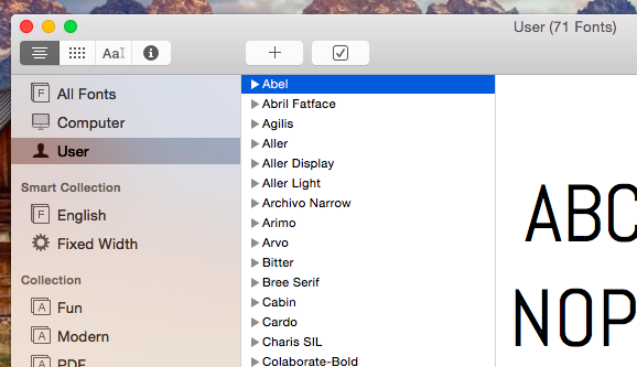 Die Font-Book-Kategorie „User“ ist praktisch, um nachzusehen, welche Fonts du heruntergeladen hast. (Screenshot: Apple)