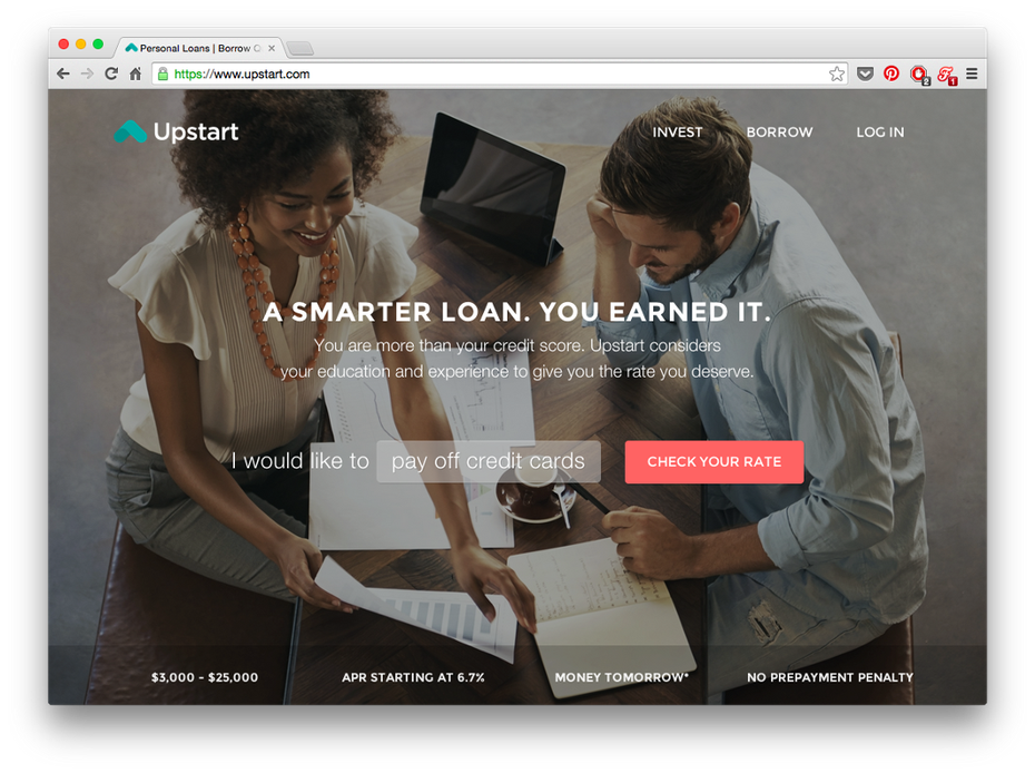 Die Website von Upstart hat einen 35-Prozent-transparenten Schwarzfilter. (Screenshot: Upstart)