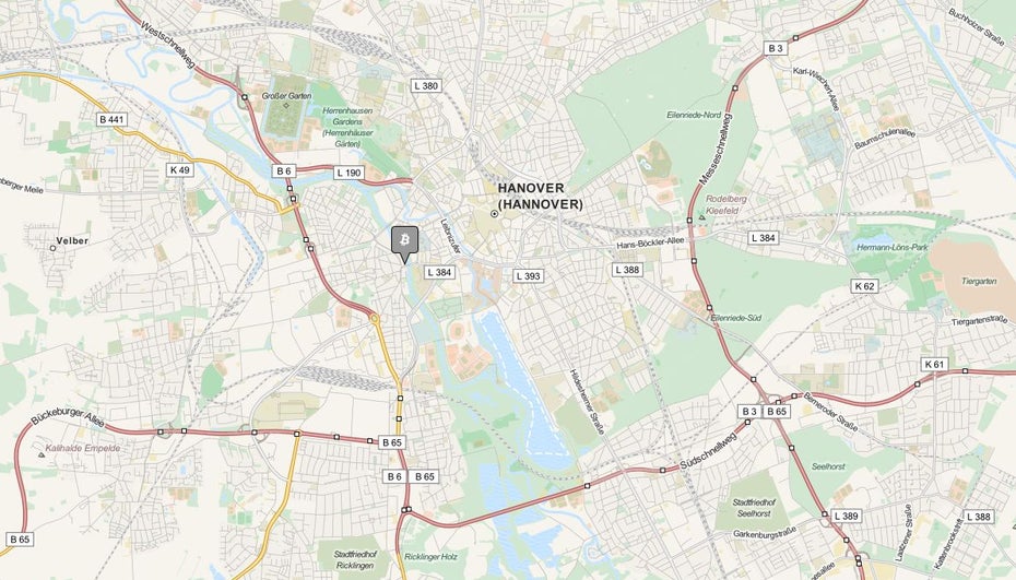 Bis vor Kurzem war der Coworking-Space Edelstall die einzige Bitcoin-Bastion in Hannover. Deswegen soll nun die längste Bitcoin-Meile der Welt entstehen. (Screenshot: coinmap.org)