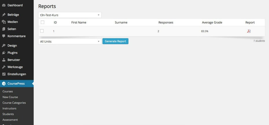 Im Backend selbst gibt es nur eine kleine Auswertung, die ausführliche dann als PDF. (Screenshot: CoursePress)