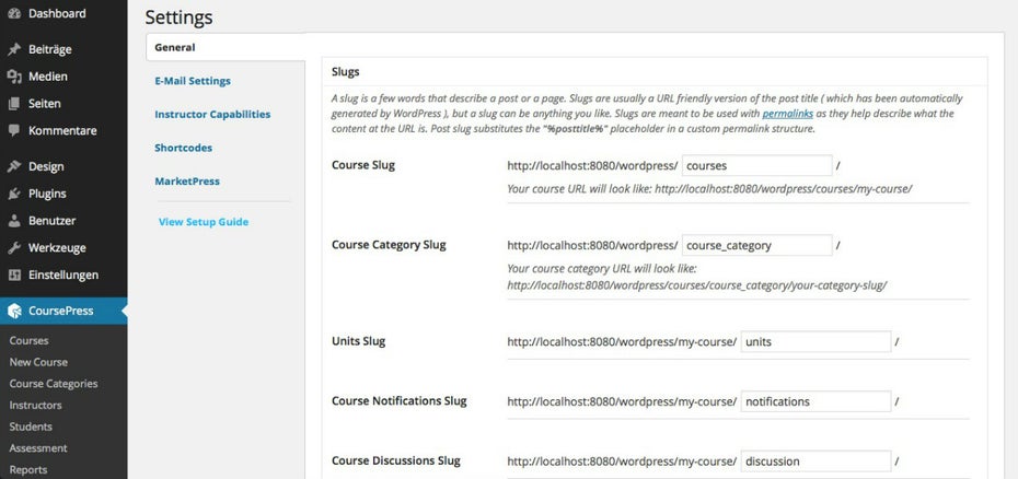 In den CoursePress-Einstellungen gibt es die Möglichkeiten, alle generierten URLs anzupassen. (Screenshot: CoursePress)