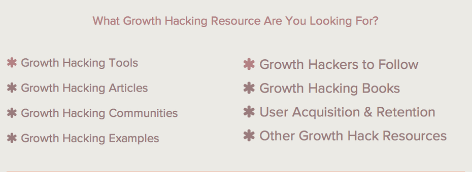 Kategorien der „Ultimate Growth Hacker Resource List“. (Screenshot: Autosend.io)