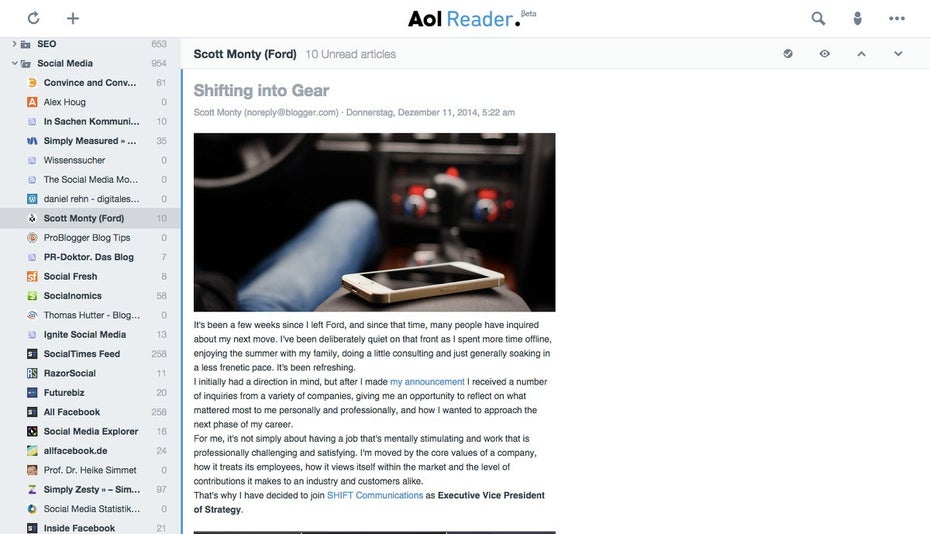 Der RSS-Reader von AOL ist kostenfrei. (Screenshot: AOL)