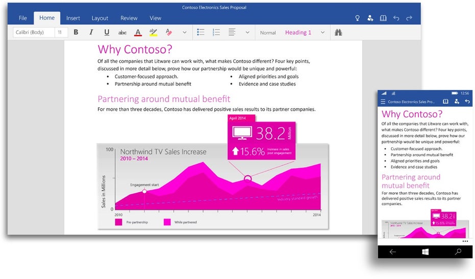 Neben Office 2016 wird es auch ein Touch-optimiertes Office für Windows 10 geben. (Screenshot: Microsoft)