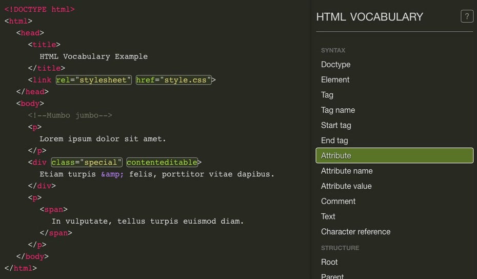 Eine Art interaktives Wörterbuch für HTML. (Foto: workflower.fi)