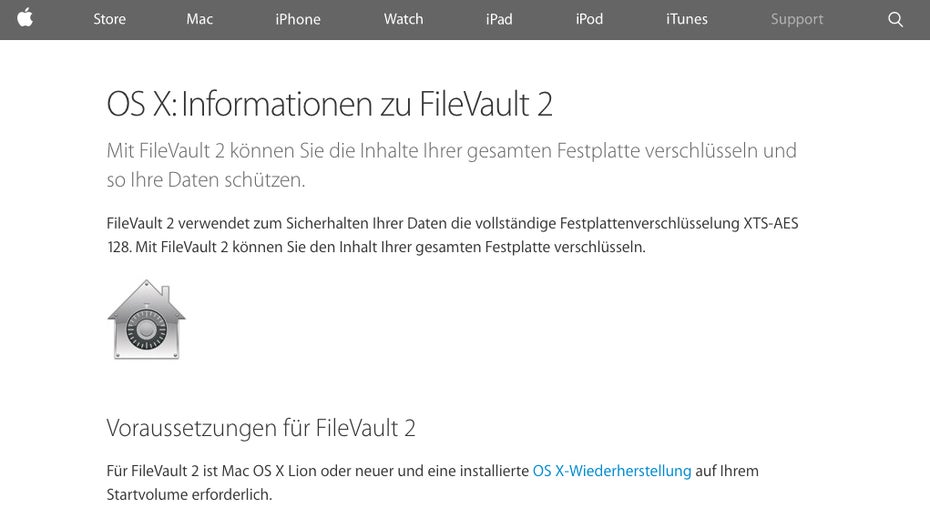 Das Verschlüsseln von Festplatten hält ungebetene Schnüffler vom Datensatz fern. (Screenshot: Apple)