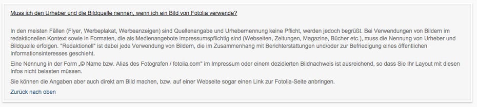 Fotolia: Die AGBs des Stockfotografie-Portals erlauben exoplizit die Nennung des Urhebers im Impressum einer Website. (Screenshot: Fotolia)