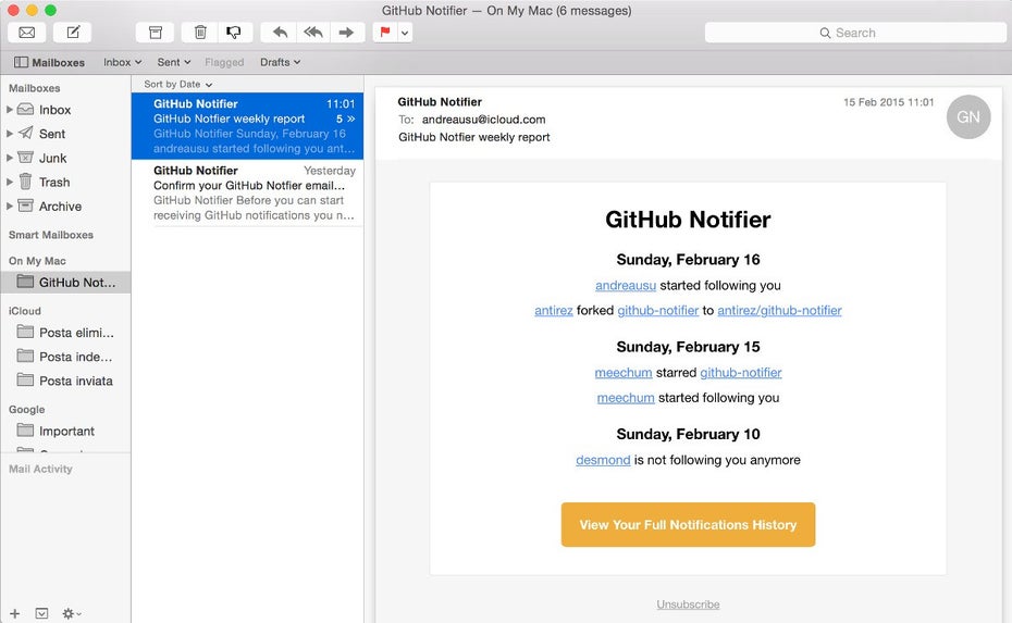 Der GitHub-Notifier informiert euch per E-Mail über alle wichtigen Ereignisse. (Screenshot: GitHub-Notifier)