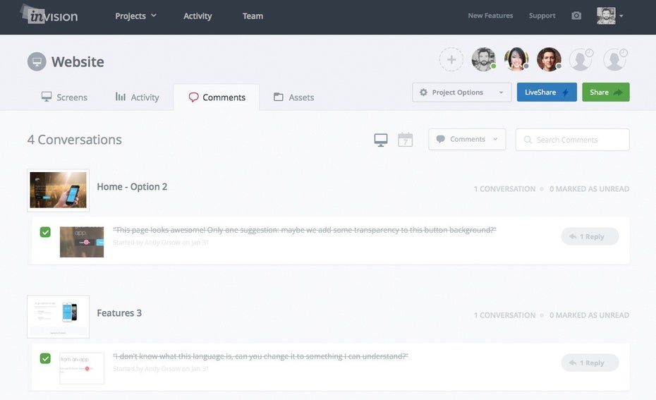 Designer, die als Remote-Worker arbeiten, sollten sich InVision anschauen. (Screenshot: InVision)