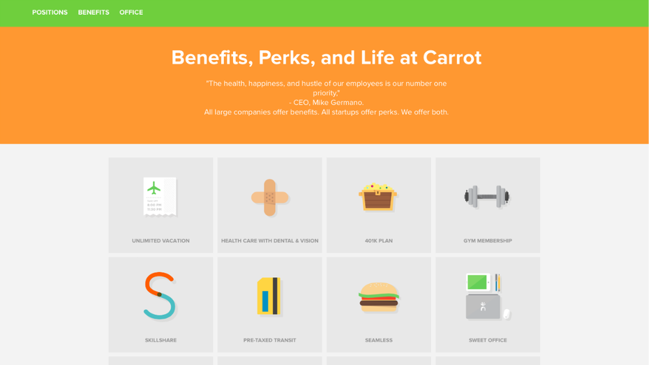 Benefits und Perks – das interessiert die Generation Y heutzutage oft mehr als das Gehalt. Carrot informiert Bewerber deshalb im Memory-Stil über die vielen Vorteile. (Screenshot: t3n.de)