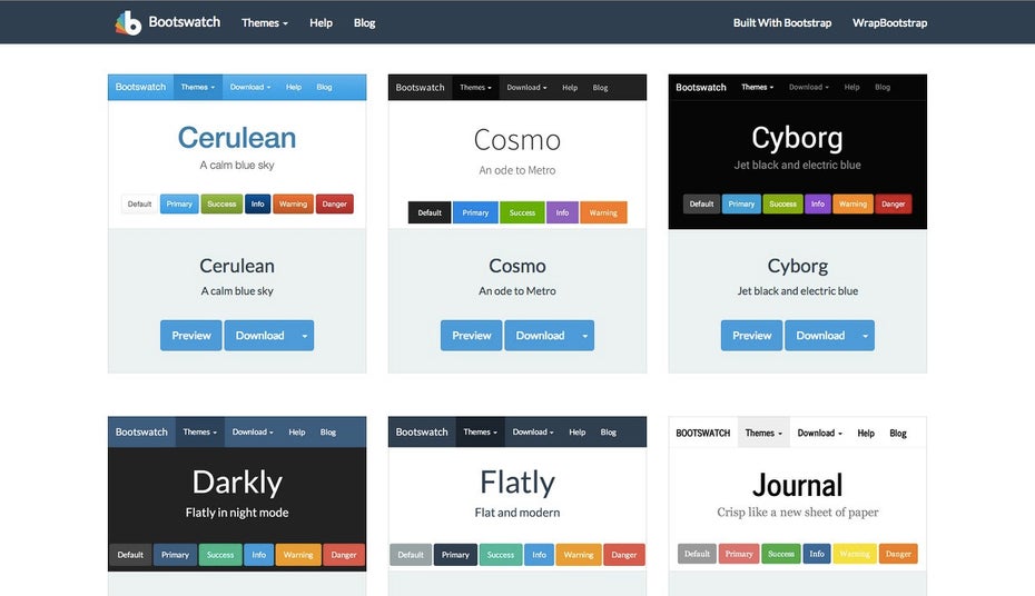 Die Anzahl an kostenlosen Bootstrap-Themes auf Bootswatch ist leider nicht sonderlich groß. (Screenshot: Bootswatch)