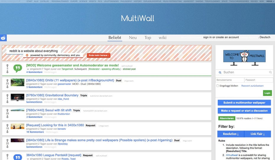 /r/MultiWall: Auch auf Reddit findet ihr schicke Desktop-Hintergründe für euer Dual-Monitor-Setup. (Screenshot: Reddit)