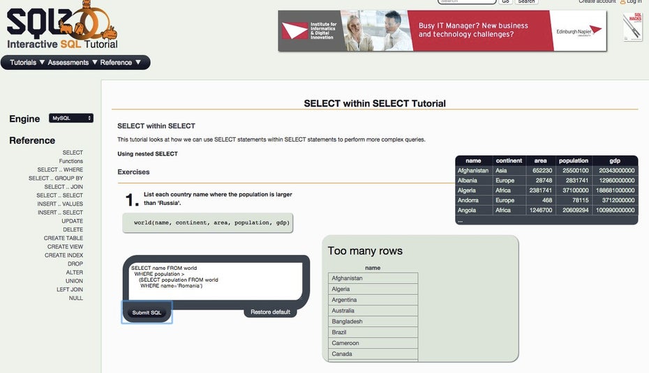 SQLZoo bietet interaktive Tutorials zum Erlernen von SQL. (Screenshot: SQLZoo)