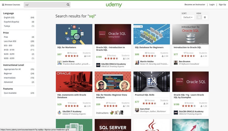 Udemy bietet kostenlose und kostenpfichtige SQL-Kurse an. (Screenshot: Udemy)