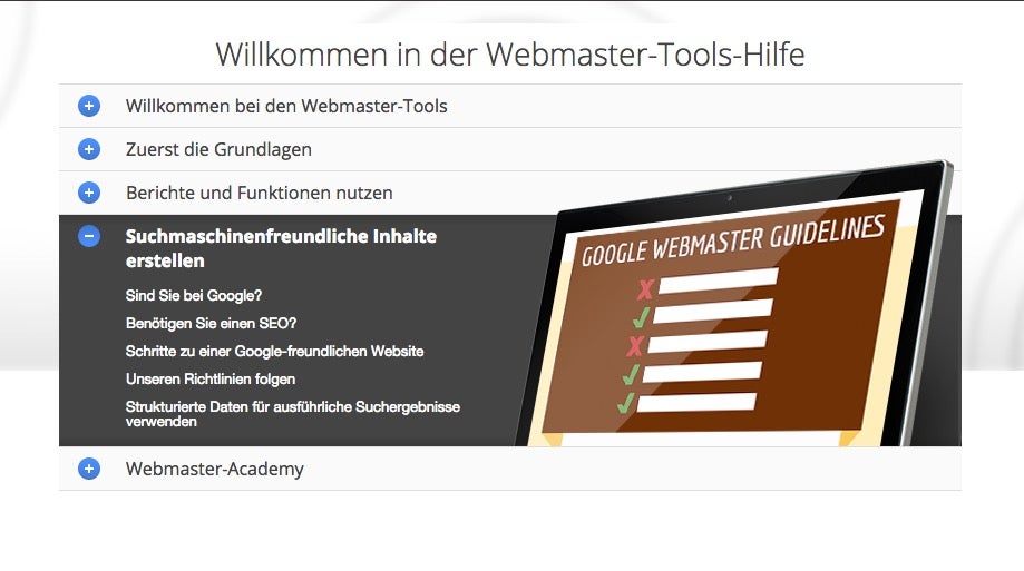 Im Hilfe-Bereich der Google-Webmaster-Tools bekommt ihr alle Informationen zu suchmaschinenfreundlichen Inhalten – hier allerdings mit Googles Segen. (Screenshot: googlewebmastercentral-de.blogspot.de)