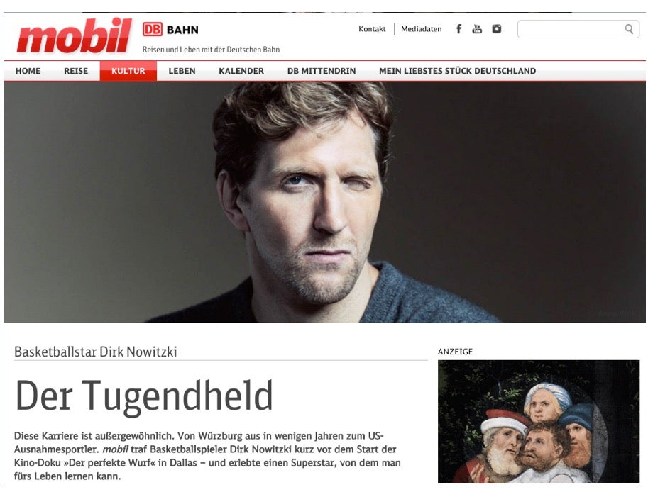 Ein echtes Content-Marketing-Beispiel der DB. Im Kundenmagazin mobil erschien ein wundervolles Porträt von Basketballstar Dirk Nowitzki: Der Tugendheld. Leichte Interview-Elemente wurden ebenfalls integriert. (Screenshot: mobil.deutschebahn.com)