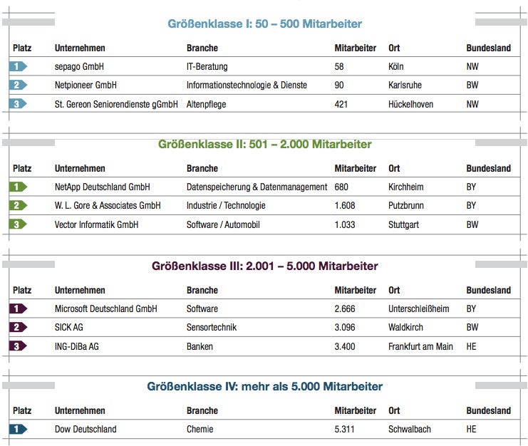 Die Gewinner des Wettbewerbs „Deutschlands Beste Arbeitgeber 2015“. (Grafik: Great Places to Work)