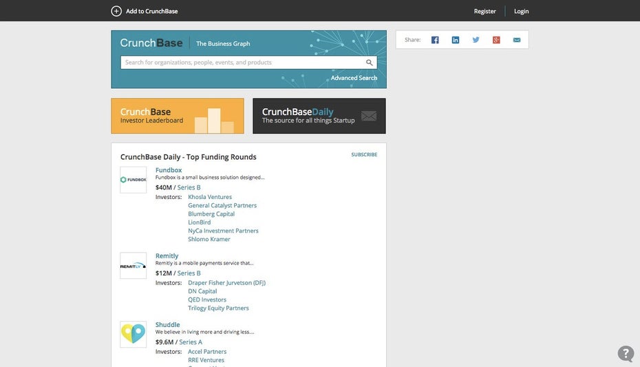 Crunchbase ist die ultimative Suchmaschine für die Startup-Welt. (Screenshot: Crunchbase)