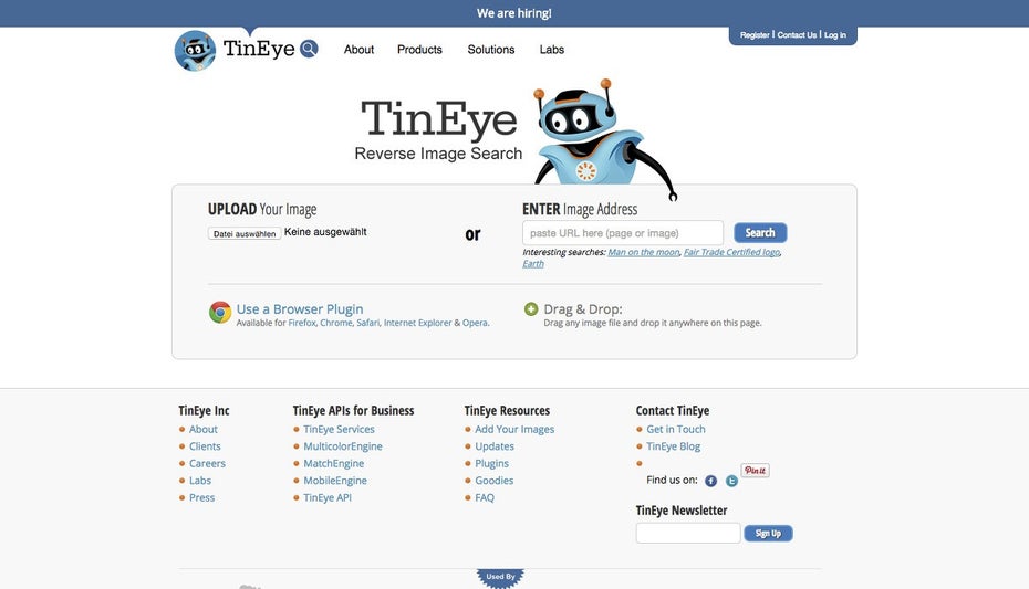 Google-Alternative: TinEye sucht anhand von Bildern nach Webseiten auf denen diese Bilder vorkommen. (Screenshot: TinEye)