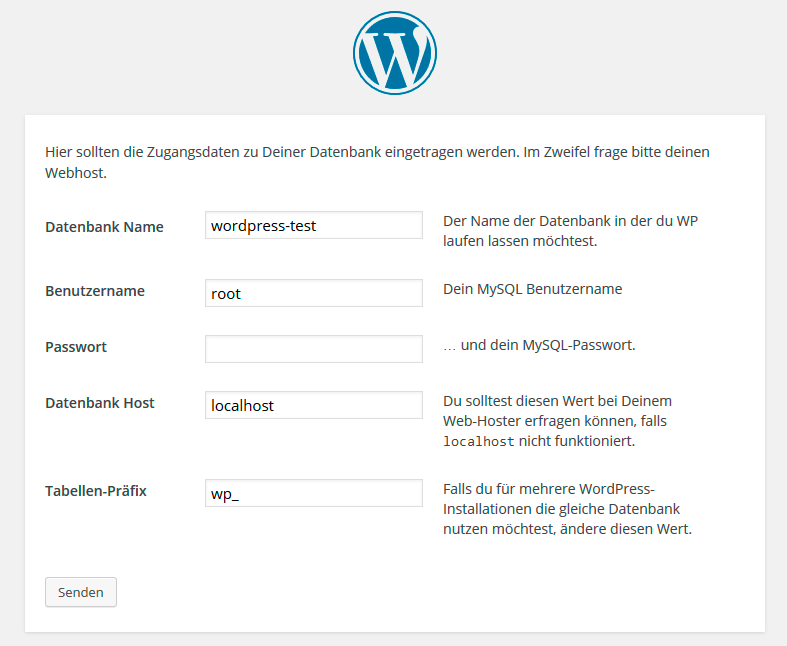 Die letzte „Hürde“ vor dem Start der WordPress-Installation ist die Eingabe der MySQL-Daten. (Screenshot: eigene WordPress-Installation)