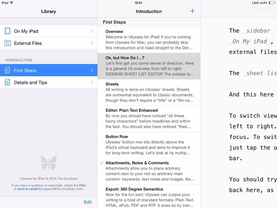 Wer Ulysses III vom Mac kennt, findet sich im Layout von Ulysses 2.0 sofort zurecht – selbst auf dem iPad. (Screenshot: ulyssesapp.com)