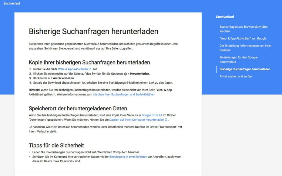 Google-Suchverlauf: Kompletter Download möglich. (Screenshot: Google)