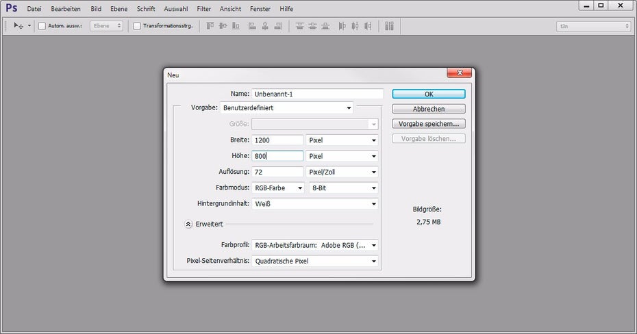 Neue Datei anlegen in Photoshop