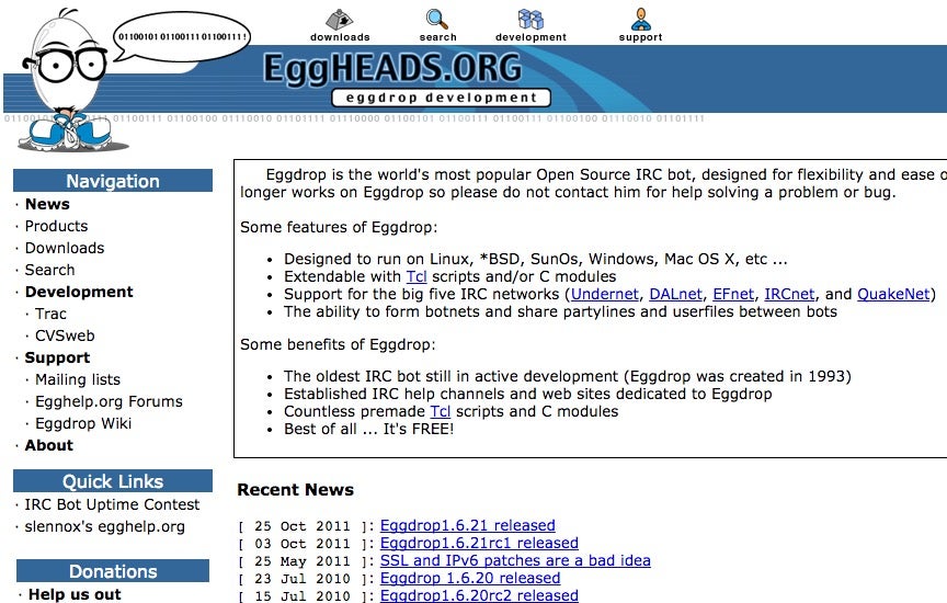 Die Website eggheads.org widmet sich dem ersten bekannten IRC-Bot , der auf dem Namen „Eggdrop“ hört. Der Bot ist bereits seit 1993 im Umlauf. (Screenshot: eggheads.org)