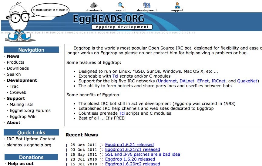 Die Website eggheads.org widmet sich dem ersten bekannten IRC-Bot , der auf dem Namen „Eggdrop“ hört. Der Bot ist bereits seit 1993 im Umlauf. (Screenshot: eggheads.org)