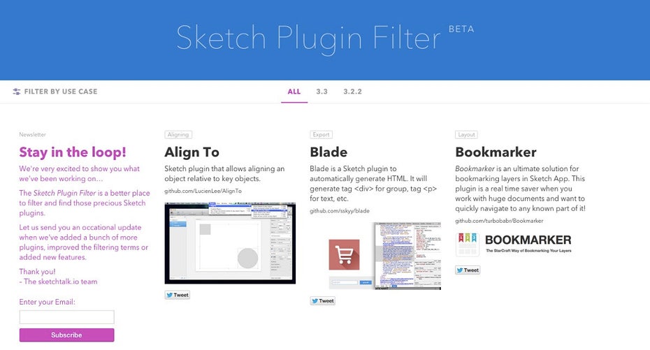 Sketch Plugin Filter hilft euch bei der Suche nach passenden Sketch-Plugins. (Screenshot: Sketch Plugin Filter)