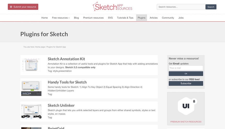 Auf Sketch App Sources findet ihr auch Plugins. (Screenshot: Sketch App Sources)